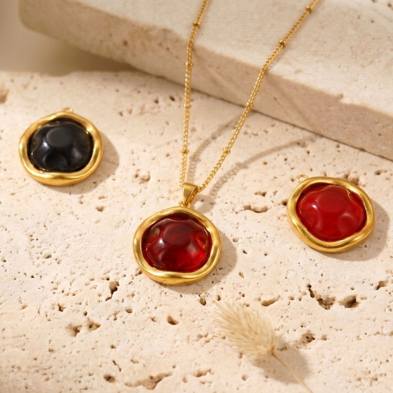 Picture of 2 PCs Eco-friendly PVD 304 Stainless Steel & Resin Charms Wholesale 18K Real Gold Plated Multicolor Round With Resin Cabochons 27mm x 25mm