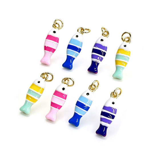 Picture of 1 Piece Brass Ocean Jewelry Charms Wholesale 18K Gold Plated Double-sided Enamel Fish Animal 24.5mm x 7mm