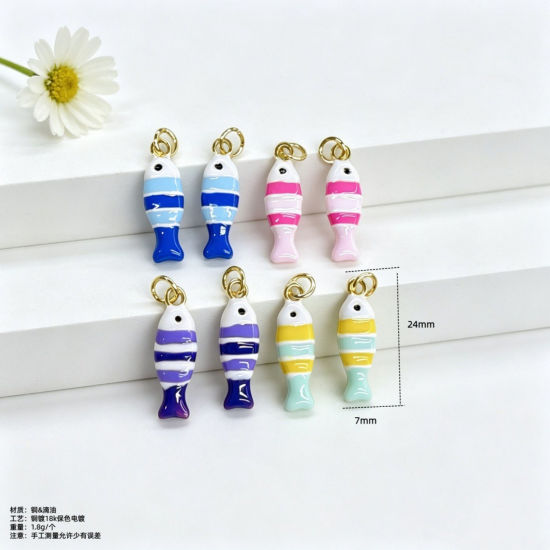Picture of 1 Piece Brass Ocean Jewelry Charms Wholesale 18K Gold Plated Double-sided Enamel Fish Animal 24.5mm x 7mm