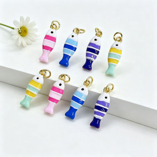 Picture of 1 Piece Brass Ocean Jewelry Charms Wholesale 18K Gold Plated Double-sided Enamel Fish Animal 24.5mm x 7mm