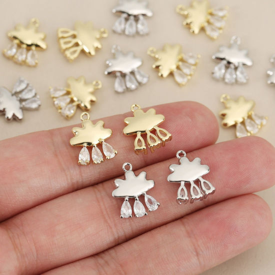 Picture of 1 Piece Eco-friendly Brass Weather Collection Charms Wholesale Real Gold Plated Cloud Clear Cubic Zirconia 16mm x 12.5mm