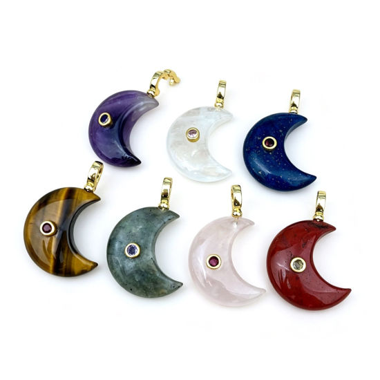 Picture of 1 Piece Stone & Brass Galaxy Pendants Wholesale, Half Moon 18K Gold Plated Multicolor 4.5cm