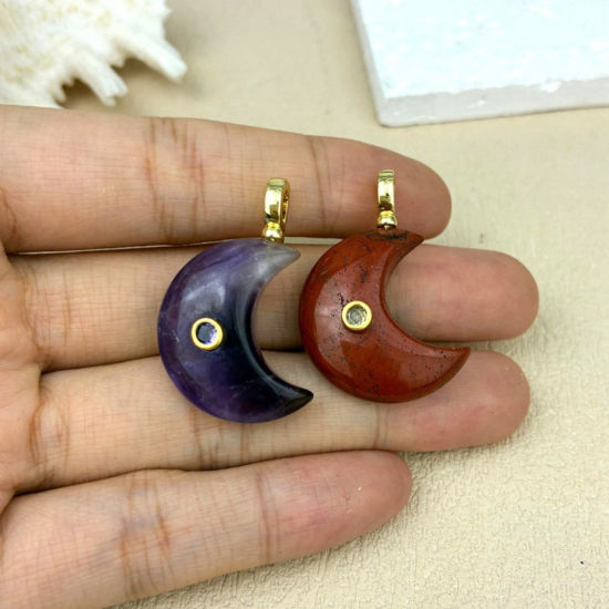 Picture of 1 Piece Stone & Brass Galaxy Pendants Wholesale, Half Moon 18K Gold Plated Multicolor 4.5cm