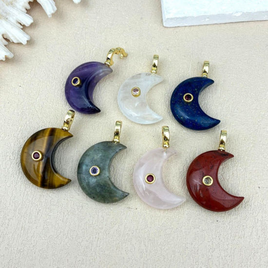 Picture of 1 Piece Stone & Brass Galaxy Pendants Wholesale, Half Moon 18K Gold Plated Multicolor 4.5cm