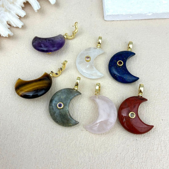 Picture of 1 Piece Stone & Brass Galaxy Pendants Wholesale, Half Moon 18K Gold Plated Multicolor 4.5cm