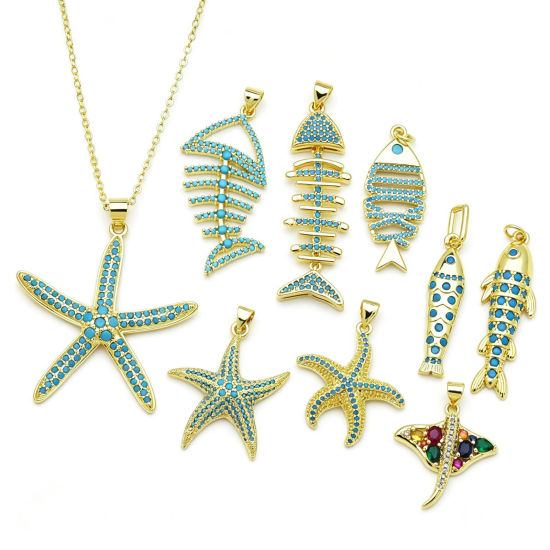 Picture of 1 Piece Brass Ocean Jewelry Charms Wholesale 18K Gold Plated Micro Pave Blue Cubic Zirconia