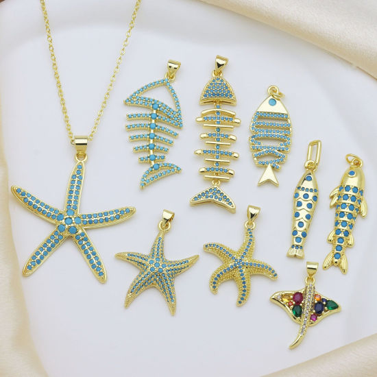Picture of 1 Piece Brass Ocean Jewelry Charms Wholesale 18K Gold Plated Micro Pave Blue Cubic Zirconia