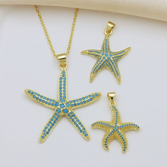 Picture of 1 Piece Brass Ocean Jewelry Charms Wholesale 18K Gold Plated Micro Pave Blue Cubic Zirconia