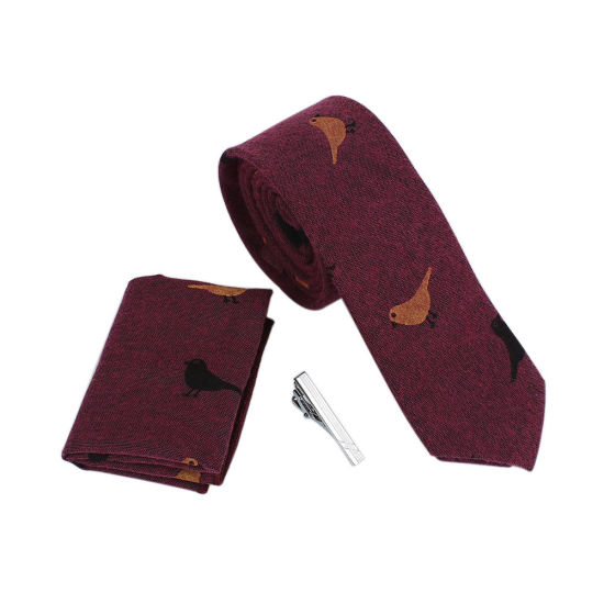 Изображение Bird Handkerchief Necktie Tie Clip Set