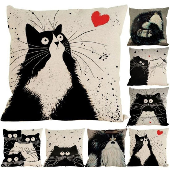 Изображение Flax Pillow Cases Beige & Black Square Cat