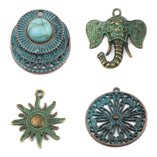 Picture of Zinc Based Alloy Patina Pendants Round Antique Copper Green Blue Flower 33mm x 30mm, 20 PCs