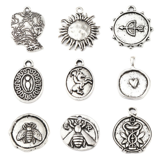 Изображение Zinc Based Alloy Insect Charms Round Antique Silver Color Bee 20mm Dia., 10 PCs