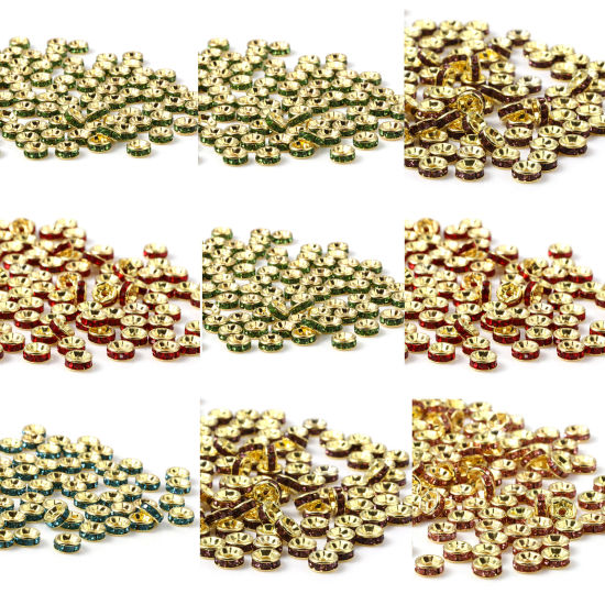 Изображение Zinc Based Alloy Spacer Beads Round Gold Plated Green Rhinestone About 4mm Dia., Hole: Approx 0.8mm, 100 PCs