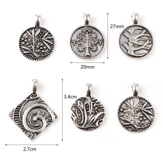 Immagine di Lega di Zinco Charms Tondo Argento Antico Le foglie del Fiore 10 Pz