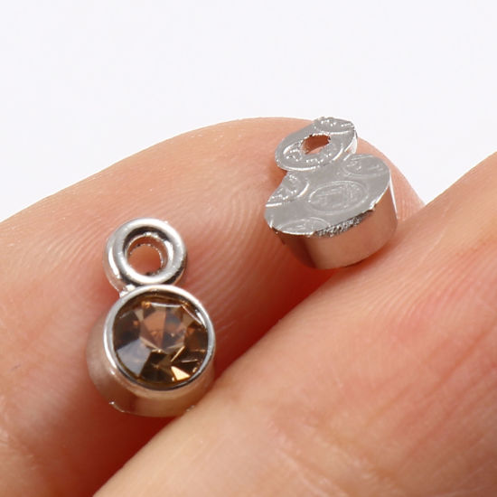 Immagine di Lega di Zinco Aprile Pietra Fortunato e Nato Charm Ciondoli Tondo Tono Argento ss18 Strass Nulla Disegno Bianco Strass 8.0mm x 5.0mm, 50 Pz