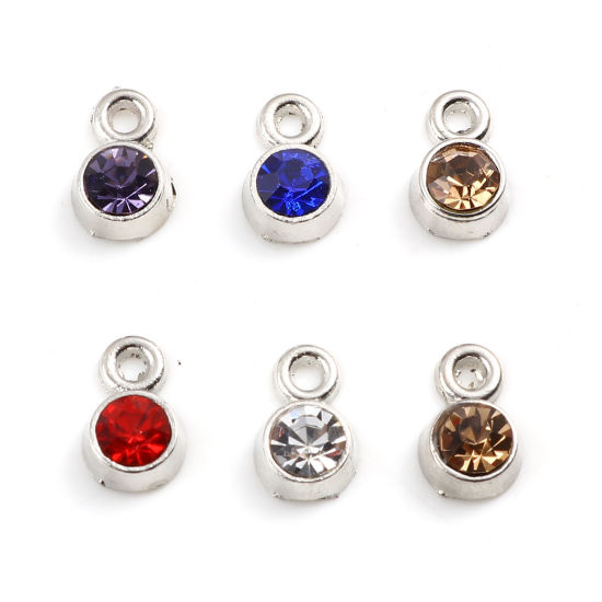 Immagine di Lega di Zinco Aprile Pietra Fortunato e Nato Charm Ciondoli Tondo Tono Argento ss18 Strass Nulla Disegno Bianco Strass 8.0mm x 5.0mm, 50 Pz