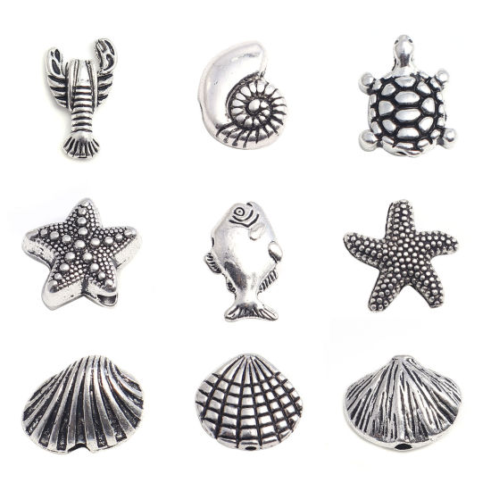 亜鉛合金 メタル 金属 海ジュエリー スペーサー ビーズ ロブスター 銀古美 17mm x 11mm、 穴：約 1.3mm、 100 個 の画像