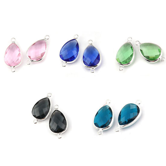 Picture of Zinc Based Alloy & Glass October Birthstone Connectors Drop Silver Plated Faceted Pink Rhinestone 26mm x 14mm, 5 PCs
