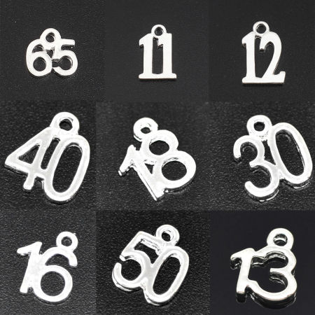 Breloque en Alliage de Zinc Chiffre " 20 " Argenté 12mm x 10mm, 10 Pcs