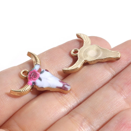 Picture of Zinc Based Alloy Charms Gold Plated Multicolor Cow Animal Enamel 22mm x 21mm, 10 PCs