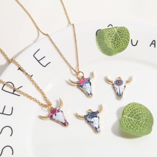 Picture of Zinc Based Alloy Charms Gold Plated Multicolor Cow Animal Enamel 22mm x 21mm, 10 PCs