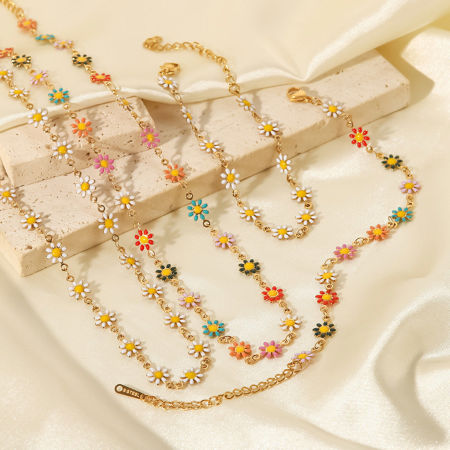 304 Stainless Steel Ins Style Bracelets 18K Gold Plated Multicolor Daisy Flower Butterfly Enamel 17cm(6 6/8") long