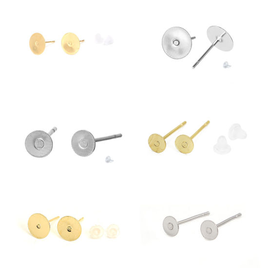 Picture of 304 Stainless Steel Ear Post Stud Earrings Round Gold Plated (Fits 8mm Dia.) 8mm( 3/8") Dia., Post/ Wire Size: (21 gauge), 30 PCs