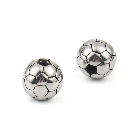 Image de Perles Coulée en 304 Acier Inoxydable Football Argent Vieilli env. 10mm Dia., Trou: env. 1.6mm, 2 Pcs