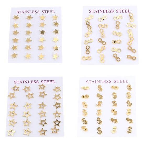Picture of Stainless Steel Ear Post Stud Earrings Set Gold Plated Swirl 8.5mm Dia., Post/ Wire Size: (20 gauge), 1 Set ( 12 Pairs/Set)