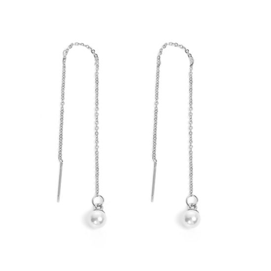 Immagine di 304 Acciaio Inossidabile Catenella a orecchino Tono Argento Palla Imitata Perla 12.7cm lungo Filo Dimensione: (21 misura) 1 Paio