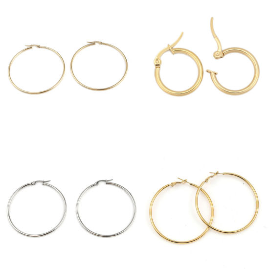 Picture of 304 Stainless Steel Hoop Earrings Gold Plated Circle Ring 66mm(2 5/8") x 63mm(2 4/8"), Post/ Wire Size: (21 gauge), 1 Pair