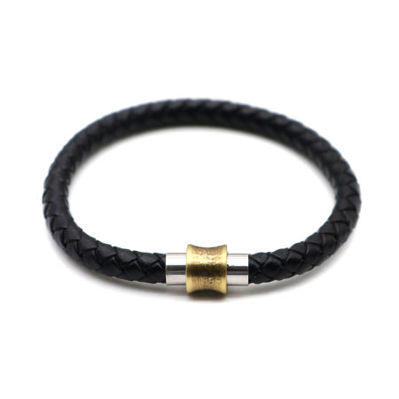 304 Stainless Steel & Real Leather Bangles Bracelets Antique Silver Color Black Round Woven 19cm(7 4/8") long, 1 Piece