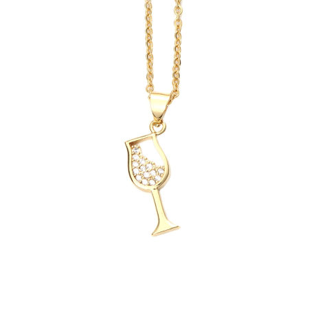 Stainless Steel & Copper Micro Pave Necklace Silver Tone Wine Glass Clear Cubic Zirconia 45cm(17 6/8") long, 1 Piece