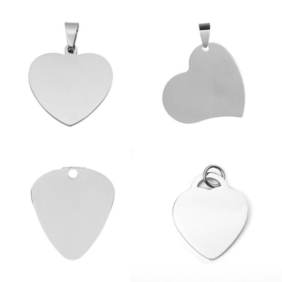Изображение 304 Stainless Steel Pendants Heart Silver Tone Blank Stamping Tags One Side 3.8cm x 3cm, 1 Piece