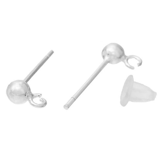 Picture of Sterling Silver Ear Post Stud Earrings Findings Ball Silver W/ Loop 14mm( 4/8") x 6mm( 2/8"), Post/ Wire Size: (20 gauge), 2 Pairs