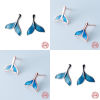 Picture of Sterling Silver Ear Post Stud Earrings Silver Blue Whale Tail Enamel 9mm( 3/8") x 8mm( 3/8"), 1 Pair