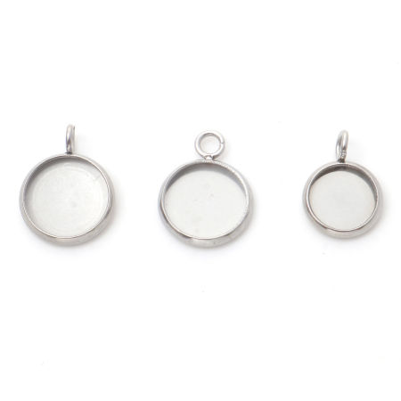 Stainless Steel Charms Silver Tone Round Disc Cabochon Settings