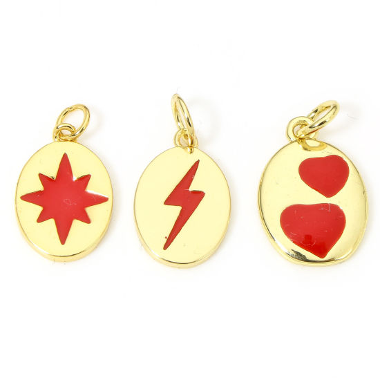 Picture of Brass Charms 18K Gold Plated Red Oval Enamel