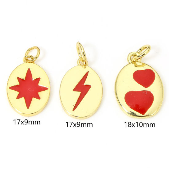 Picture of Brass Charms 18K Gold Plated Red Oval Enamel