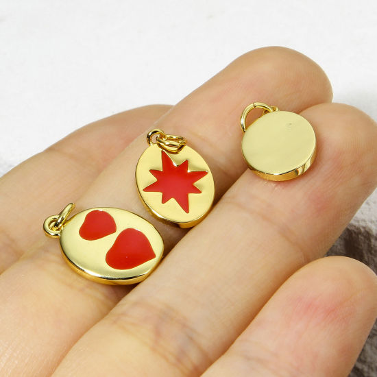 Picture of Brass Charms 18K Gold Plated Red Oval Enamel