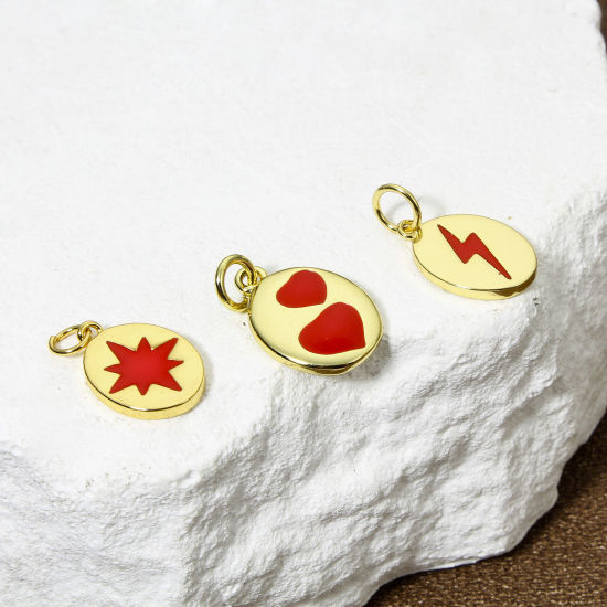 Picture of Brass Charms 18K Gold Plated Red Oval Enamel