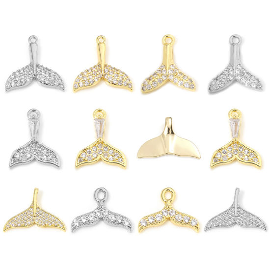 Picture of Eco-friendly Brass Ocean Jewelry Charms Real Gold Plated Whale Tail Micro Pave Clear Cubic Zirconia