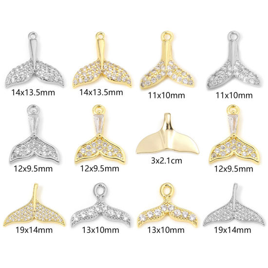 Picture of Eco-friendly Brass Ocean Jewelry Charms Real Gold Plated Whale Tail Micro Pave Clear Cubic Zirconia