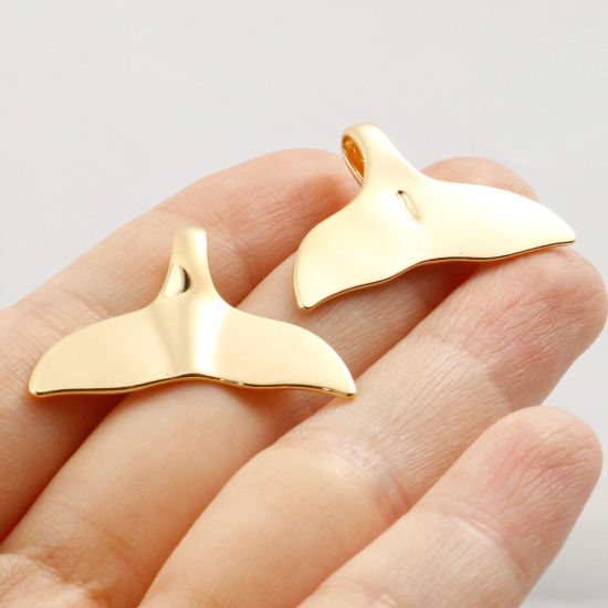 Picture of Eco-friendly Brass Ocean Jewelry Charms Real Gold Plated Whale Tail Micro Pave Clear Cubic Zirconia