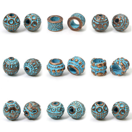 Picture of Zinc Based Alloy Spacer Beads For DIY Jewelry Making Antique Copper Blue Patina Finish Verdigris Effect