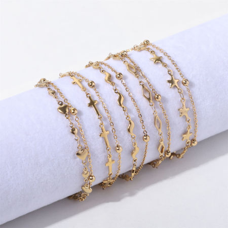 Vacuum Plating 304 Stainless Steel Ins Style Ball Chain Multilayer Layered Anklet Gold Plated Marquise