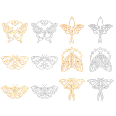 10 PCs Iron Based Alloy Filigree Stamping Connectors Charms Pendants Silver Tone Moth Moon Phases Hollow 4.6cm x 2.6cm