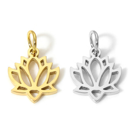Picture of Eco-friendly 304 Stainless Steel Pastoral Style Charms Silver Tone Lotus Flower Hollow