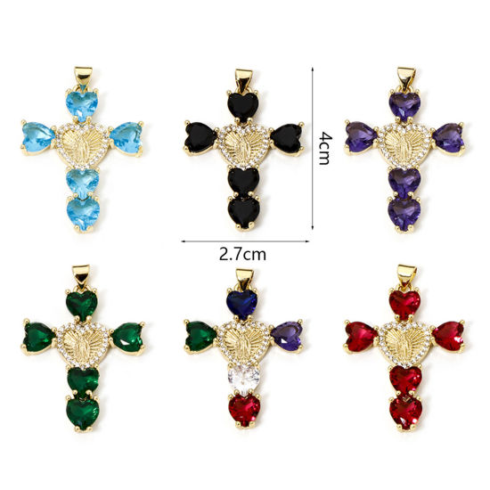 Imagen de 1 Unidad Latón Religión Colgantes Cruz 18K Oro Real Chapado Micro Pave Multicolor Circón Artificial 4cm x 2.7cm