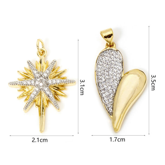 Picture of 1 Piece Brass Valentine's Day Pendants Silver Tone & 18K Gold Plated Two Tone Heart Micro Pave Clear Cubic Zirconia 3.5cm x 1.7cm